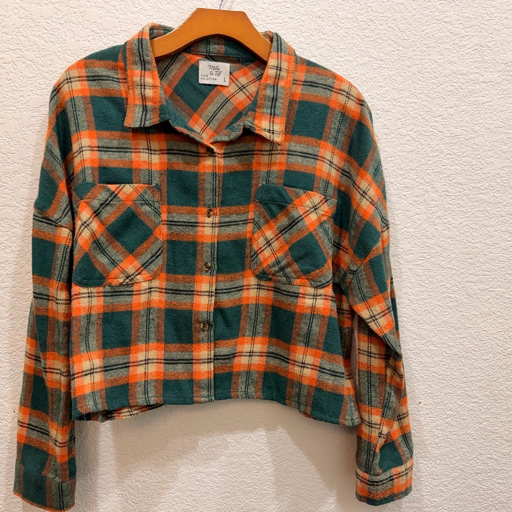 Plaid Cropped Flannel in Green and Orange